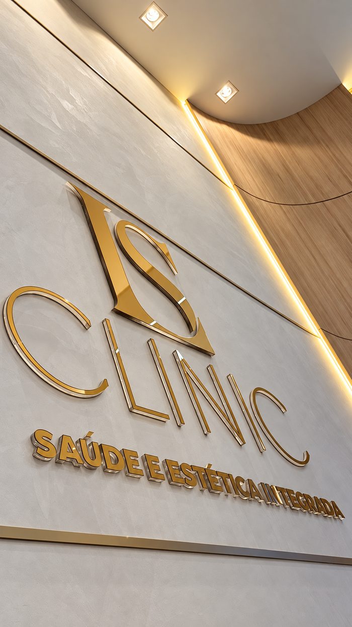 Letreiro dourado LS Clinic na recepção